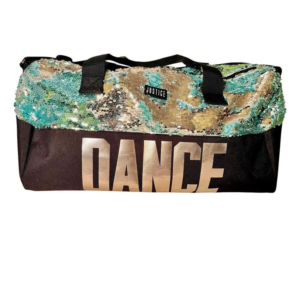 Justice Sequin Shimmer Girls Dance Duffel Bag Shoulder Strap Silver Aqua Black